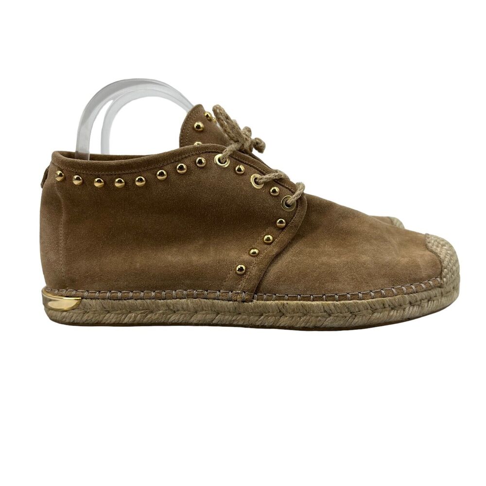 Stuart Weitzman Womens 7.5 Tan Suede‎ Studded Espadrille Booties Shoe Jute Lace
